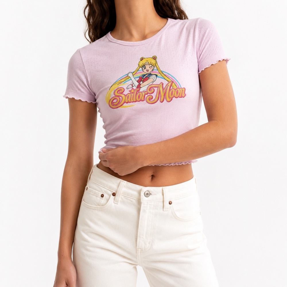 Sailor Moon Pink Pointelle Baby Tee Crop Top Women's Size L Anime Lettuce Hem